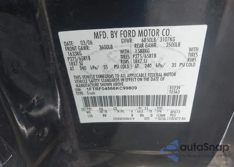 2006 Ford F-150 Fx4/Xlt from USA, damaged, VIN 1FTRF04566KC99809